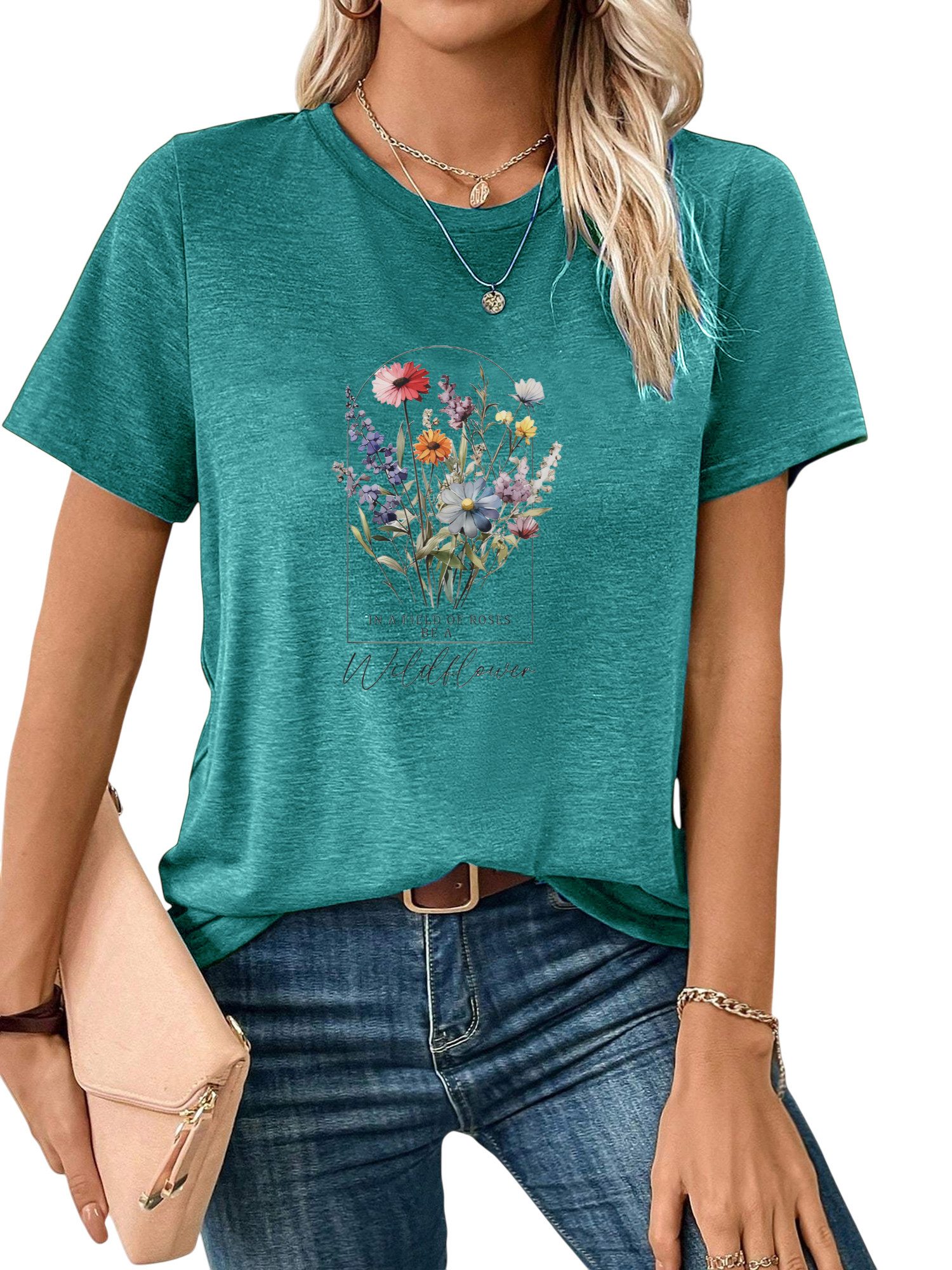 Kurzarmshirt Damen Frühling Casual bequemes t shirt mit Blumen Print-Shirt