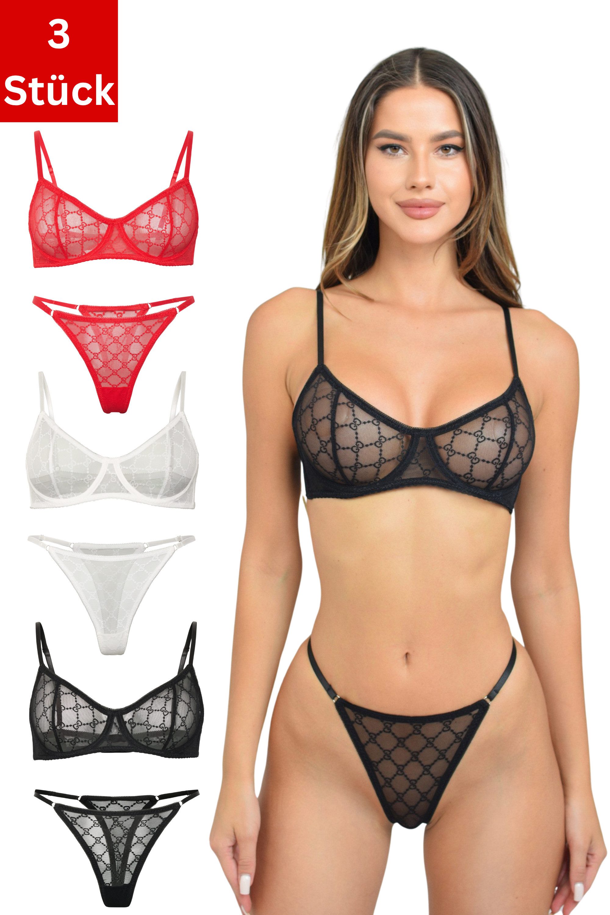 Elegant Love Set: Bügel-BH Damen-Dessous-Set – Sexy Balconette-BH mit String (Packung, 2-tlg., 3er-Pack) Lingerie-Set