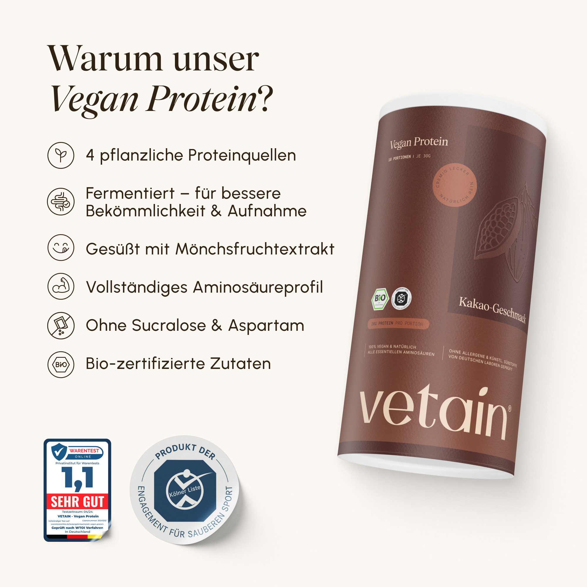 VETAIN Protein Pulver Vegan - Bio Protein Pulver, 540 g, Fermentiertes Erbsenprotein, ohne Stevia, Sucralose & Aspartam – Bild 4 von 5