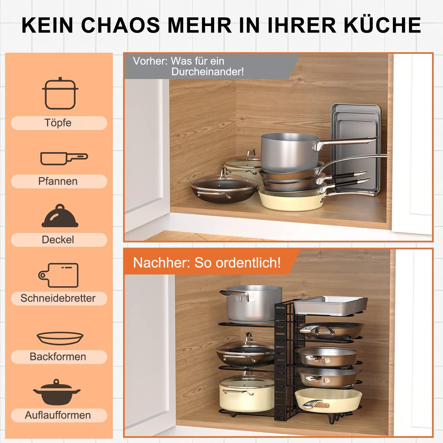 SURFOU Geschirrständer Töpfe Organizer 8 Etagen Fächern Pfannen Organizer Schublade, Verbessert Pfannenhalter Pfannenständer mit 8 Verstellbaren Teiler