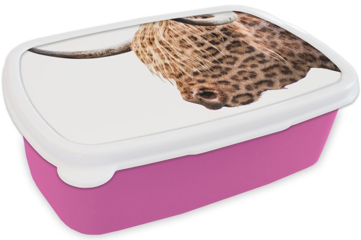 MuchoWow Lunchbox Schottischer Brotdose Snackbox, Mädchen, Kunststoff für - rosa - Weiß, Pantherdruck Erwachsene, Highlander Kinder, (2-tlg), Brotbox Kunststoff