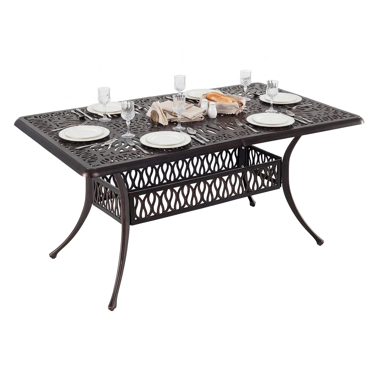 COSTWAY Gartentisch, 151x91cm Terrassentisch mit Schirmloch aus Aluminiumguss