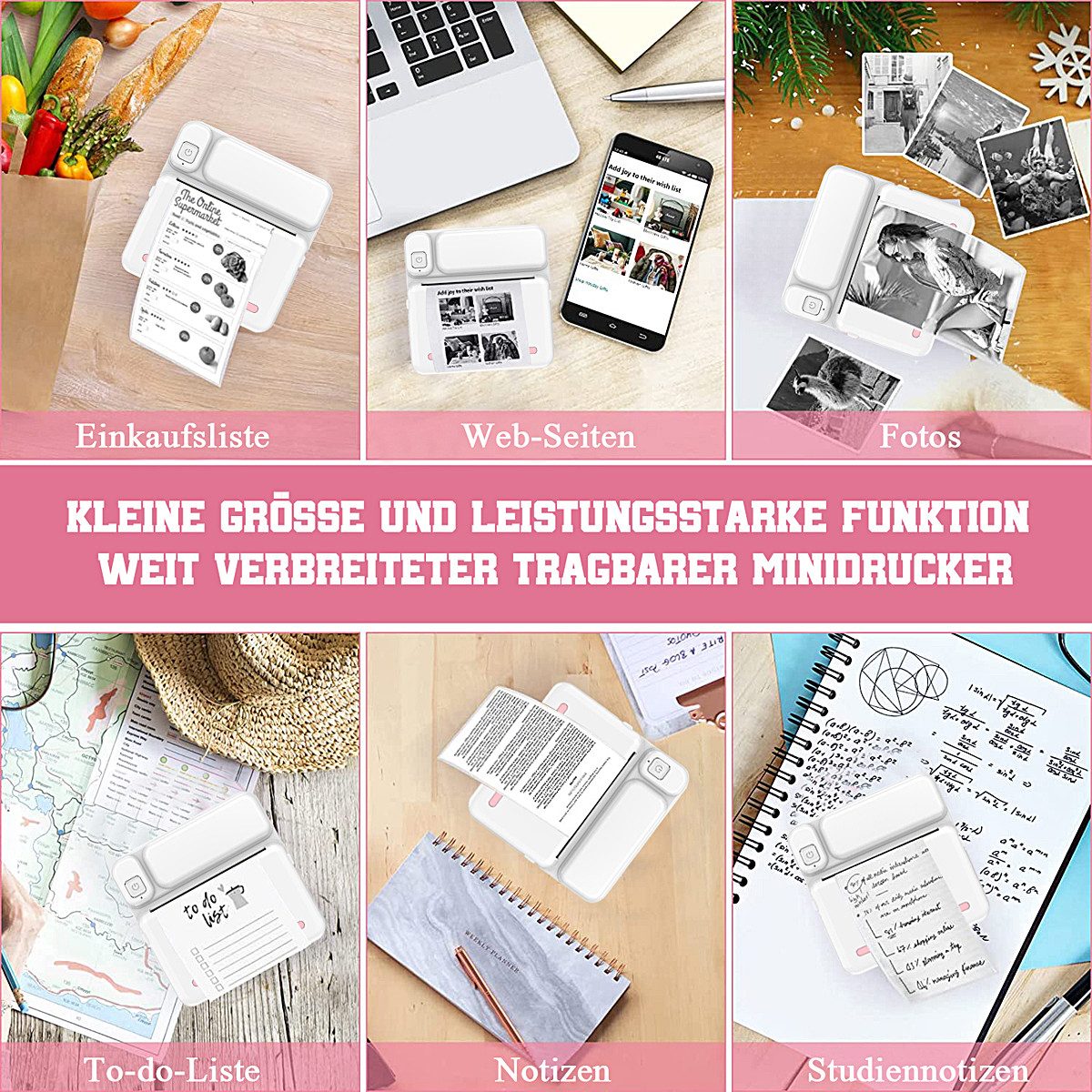 MOPUEA Thermodrucker Kompatibel für iOS Android Etikettendrucker Bluetooth Etikettendrucker, (WLAN (Wi-Fi), Bluetooth-Fotodrucker, 5 Druckpapier 5 selbstklebende Thermopapier 3 Farbdruckpapier 6 Pinsel)