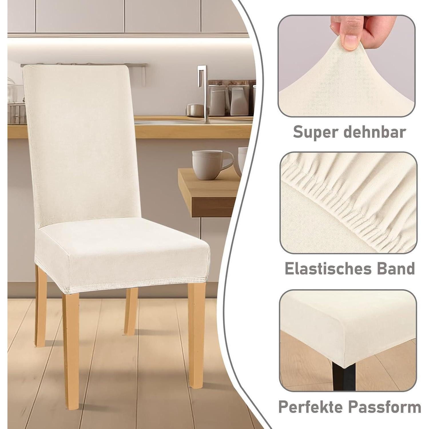 LuxusKollektion Stuhlbezug Stuhlhussen Stretch Samt Schwingstuhl Elastisch Waschbar Beige 6 Stück – Bild 3 von 5