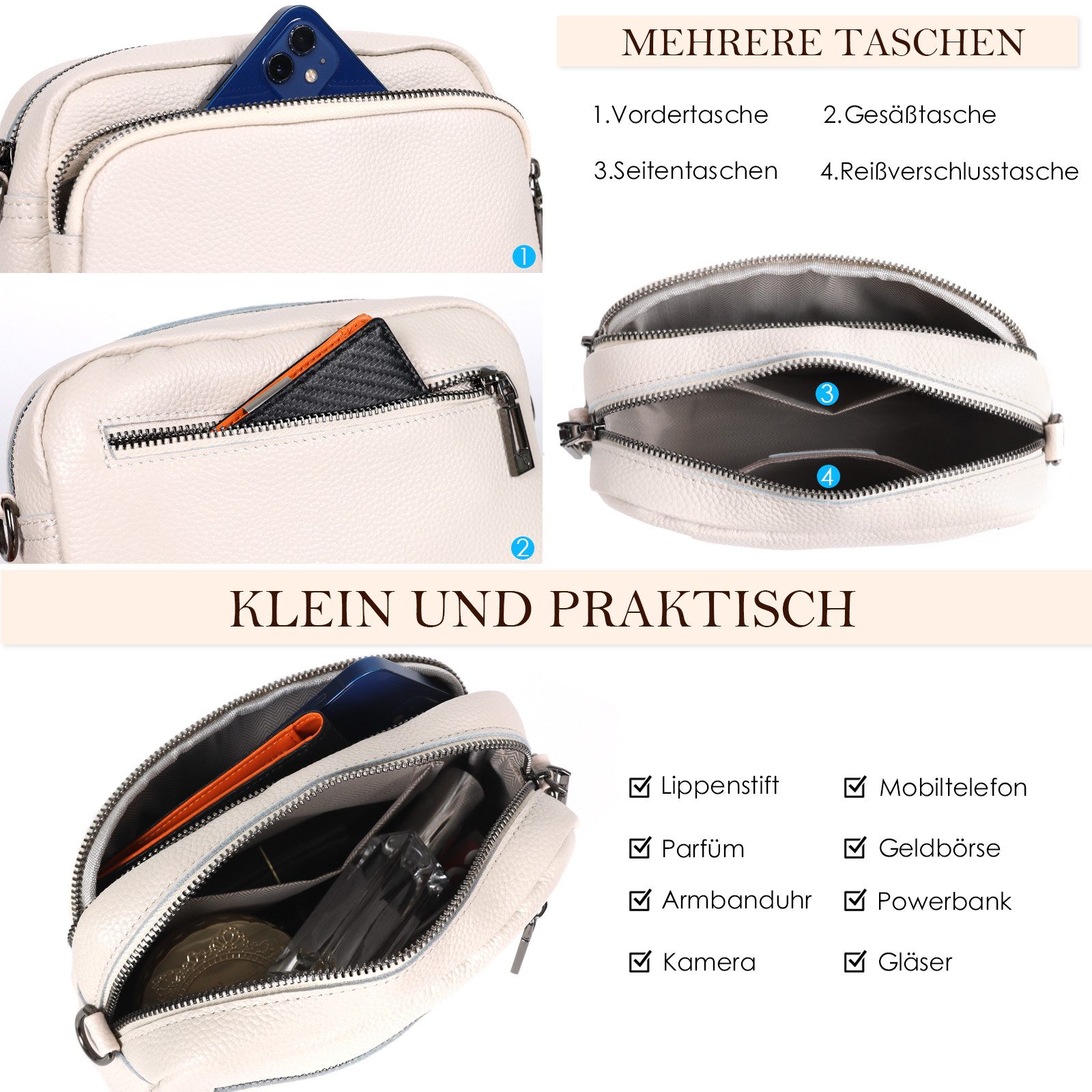 TAN.TOMI Umhängetasche Damen Handy Umhängetasche Echtes Crossbody Bag Damen Handytasche, Umhängetasche Damen Klein Taschen mit Breitem Schultergurt u 3 fächern