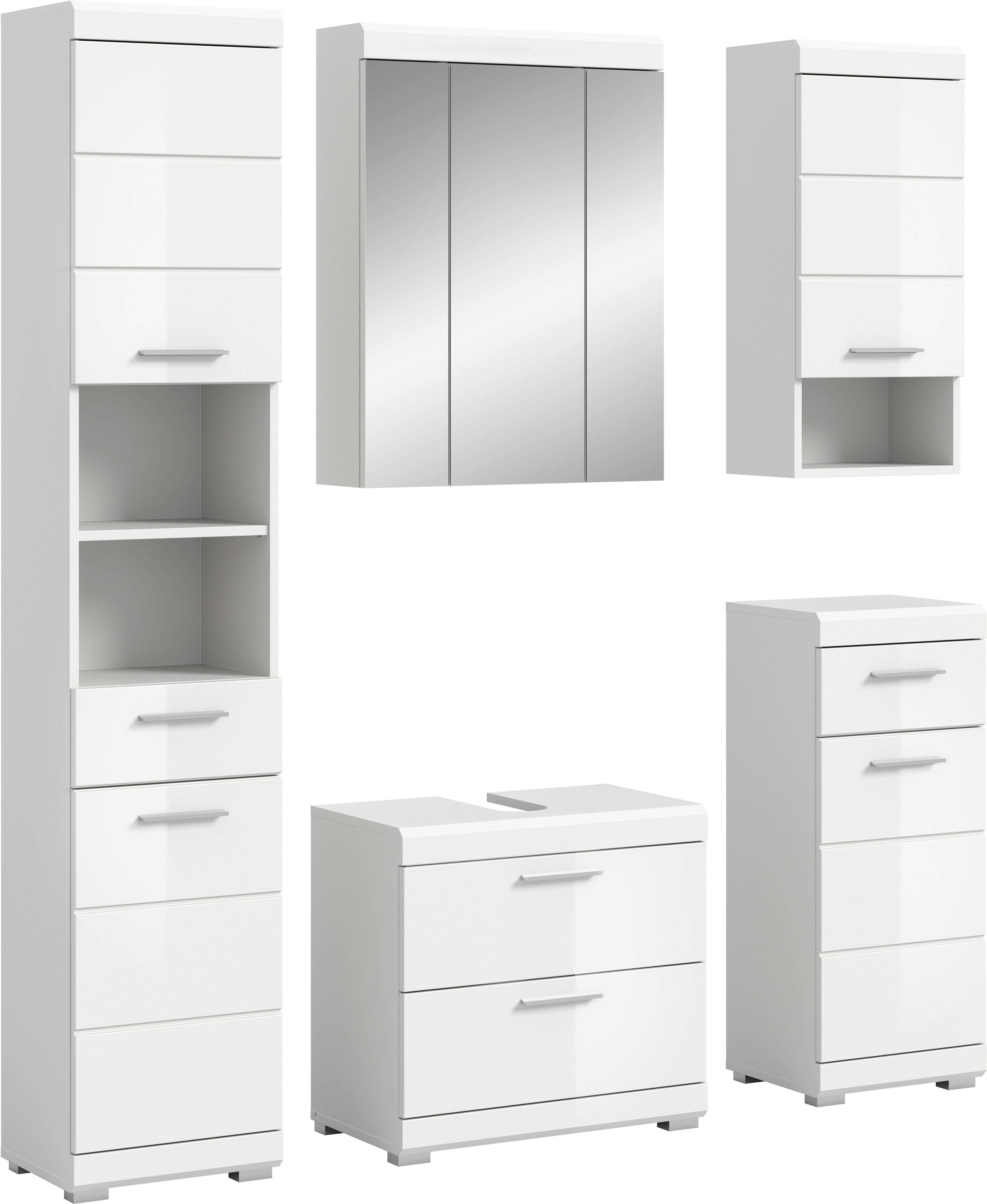 welltime Badmöbel-Set SIENA, 5 teilig, bestehend aus:, (Set, 5-St., TOPSELLER), Hochschrank, WBU, Spiegelschrank, Unterschrank, Hängeschrank