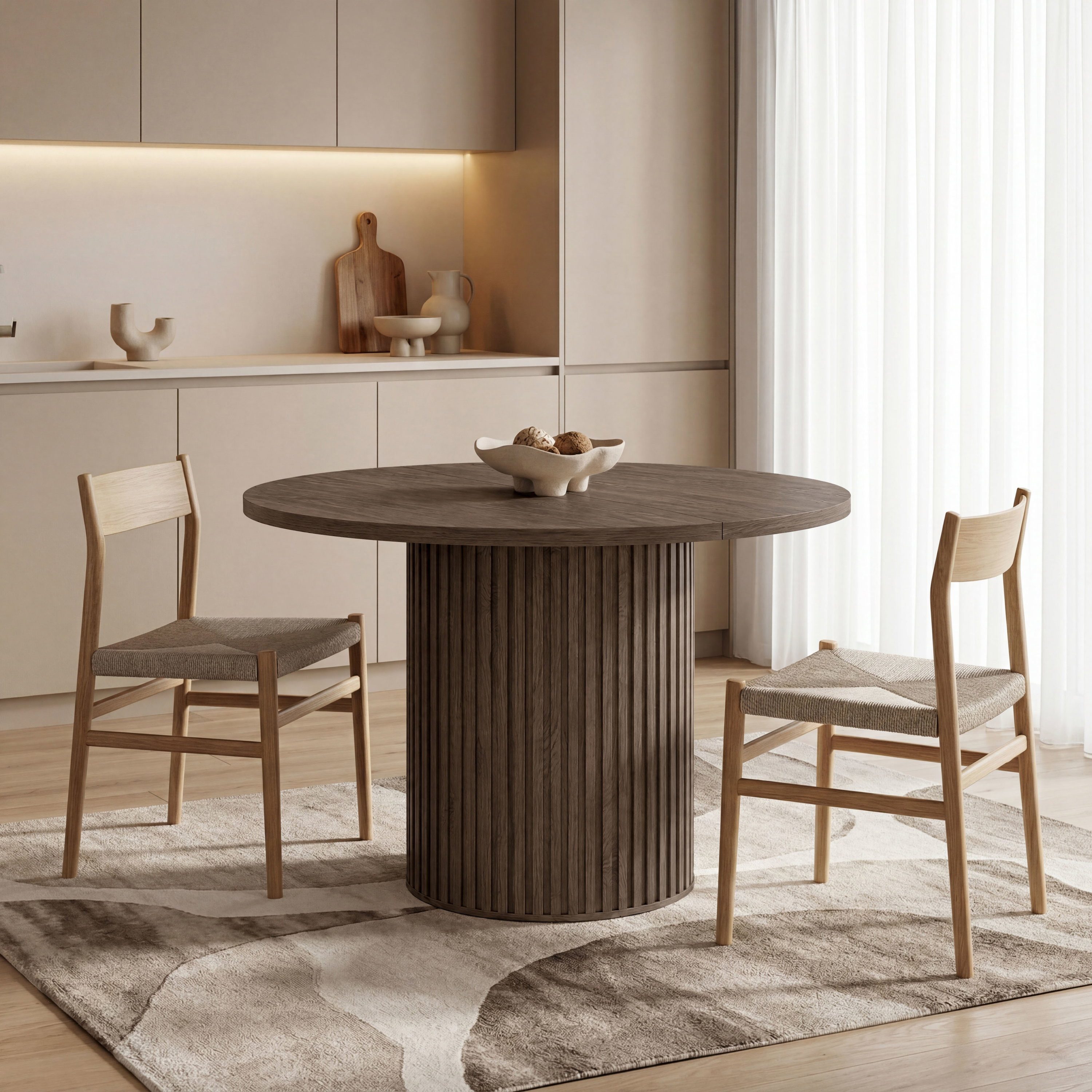 WFL GROUP Esstisch Norin Ausziehbar Rund in Scandi-Loft Stil (MADE IN EU, Erweiterbar von 100 cm auf 188 cm, Höhe 75 cm, 2 Einlegeplatten), Gestell in Lamellenoptik