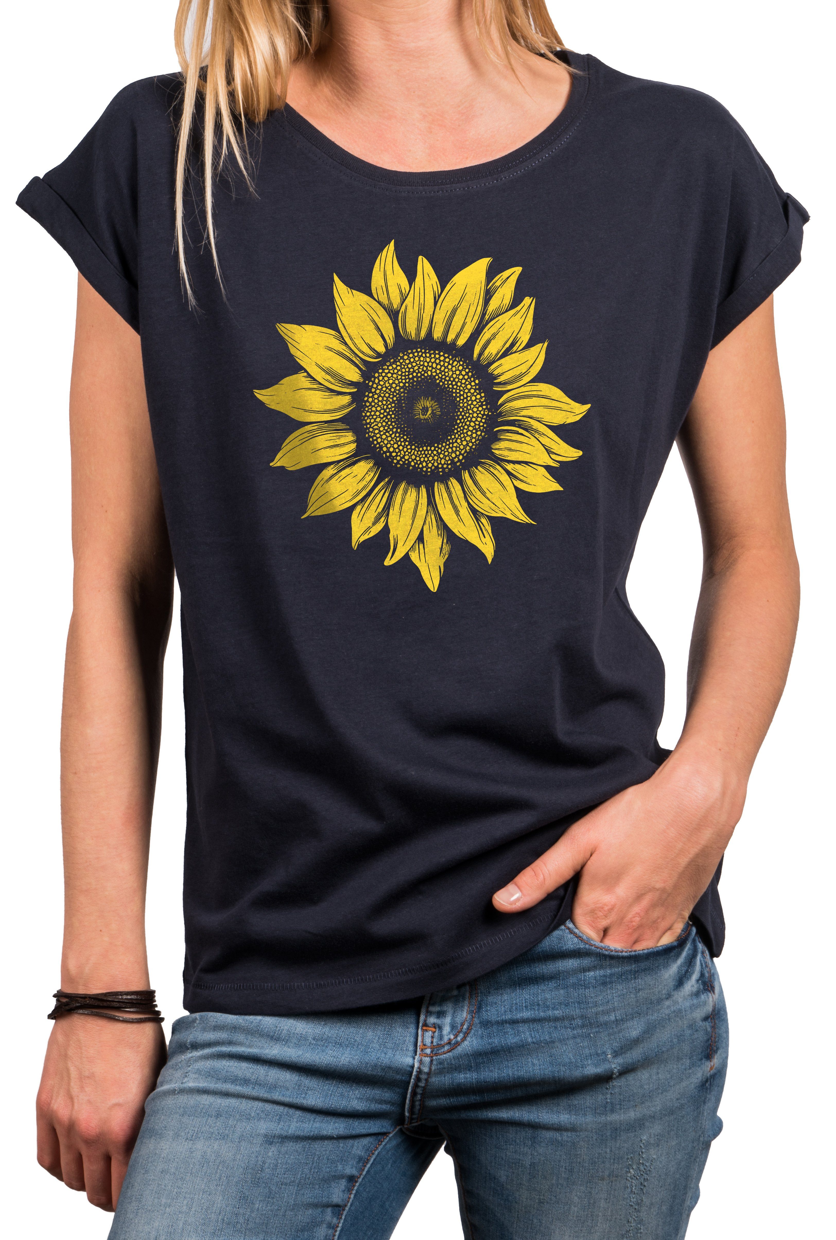 Top Blumen Baumwolle, Blau Sommer Motiv MAKAYA Größen Sonnenblume Blumenmuster große Blumenpint Damen Print-Shirt