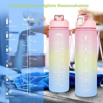 zggzerg Trinkflasche 1L Wasserflasche, Trinkflasche mit Strohhalm und Zeitmarkierung