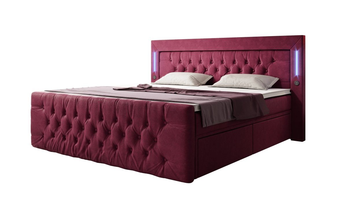 Luxusbetten24 Boxspringbett Charme, mit LED-Beleuchtung, USB-Anschluss und Stauraum