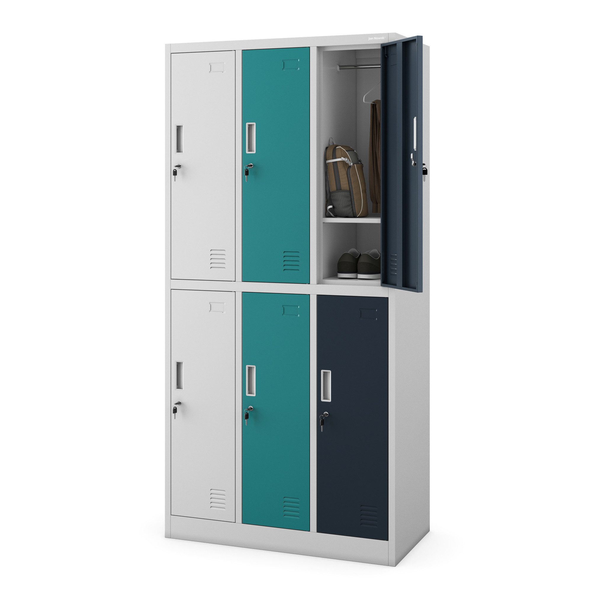 Jan Nowak Mehrzweckschrank Metall Kleiderspind 90 cm IGOR 6 Fächer abschließbar Stahl (0,6 mm 185 x 90 x 45 cm Kleiderstange Wandmontage möglich) Garderobenschrank Schloss je Fach 185 cm hoch robust 13 Farben