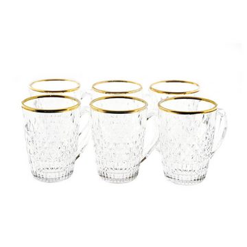Sunay Teeglas 6er Gläser-Set mit Henkel Gold-Umrandung 203 ml Trasparent mit Muster
