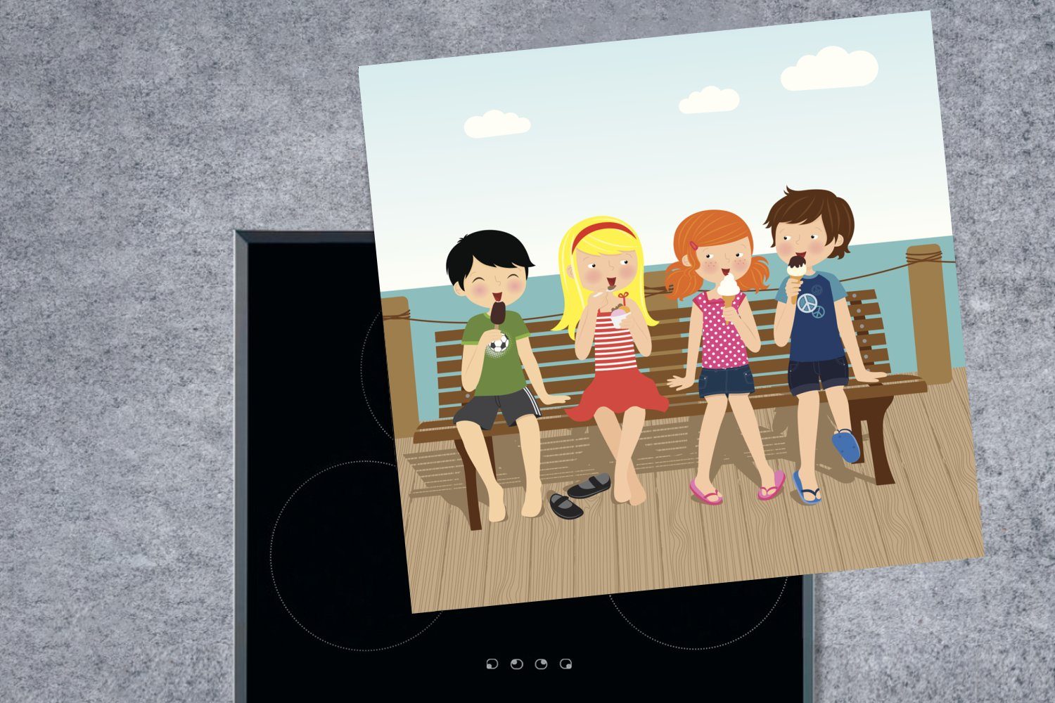 cm, auf Illustration Seebrücke, Ceranfeldabdeckung, MuchoWow einer (1 Eine Kindern von 78x78 für Arbeitsplatte küche Vinyl, Herdblende-/Abdeckplatte tlg),