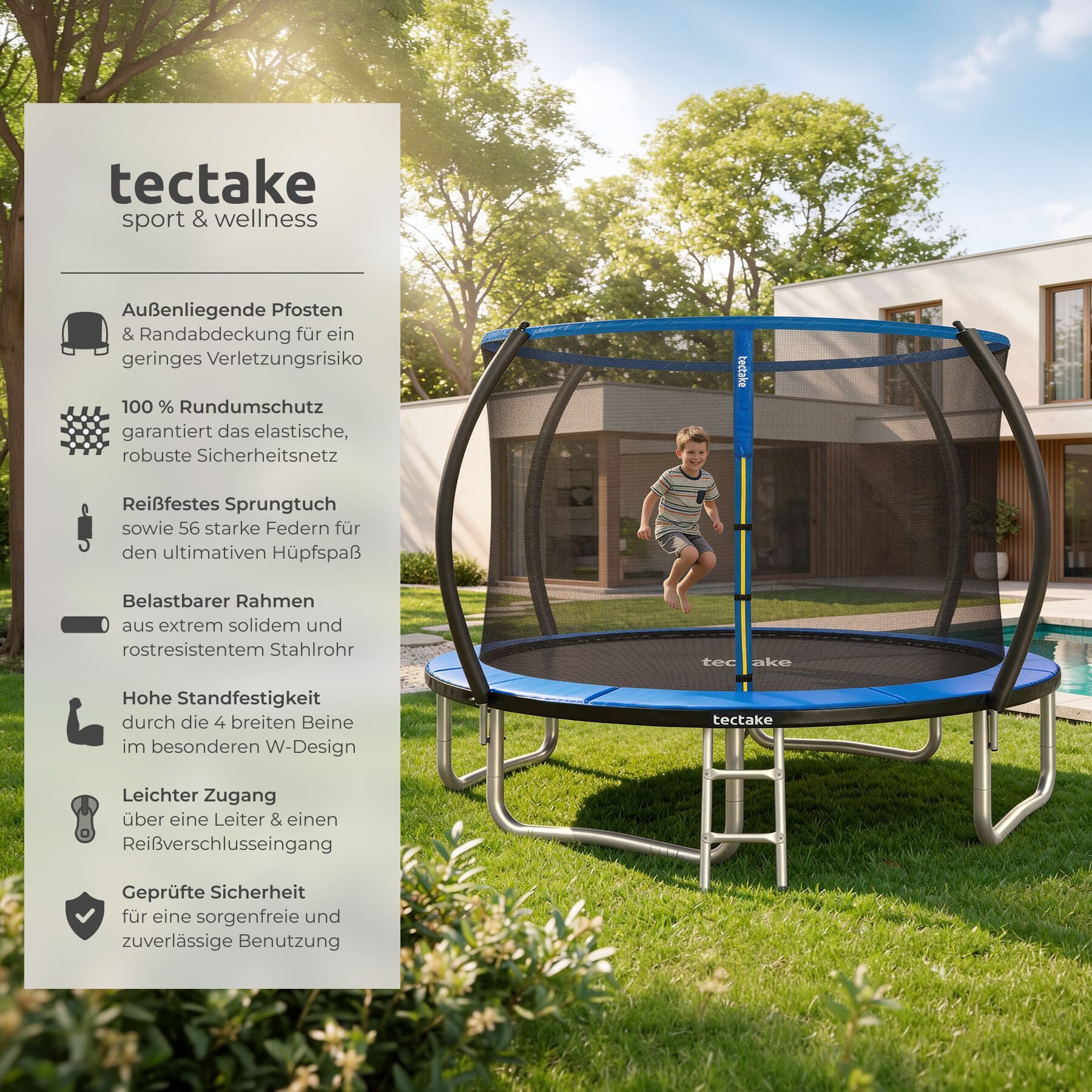 tectake Gartentrampolin Kindertrampolin mit Einstiegsleiter und Sicherheitsnetz Ø 305 cm, (Outdoortrampolin Jumpy, in schwarz/blau), GS zertifiziert, Randabdeckung, reißfestes Sprungtuch