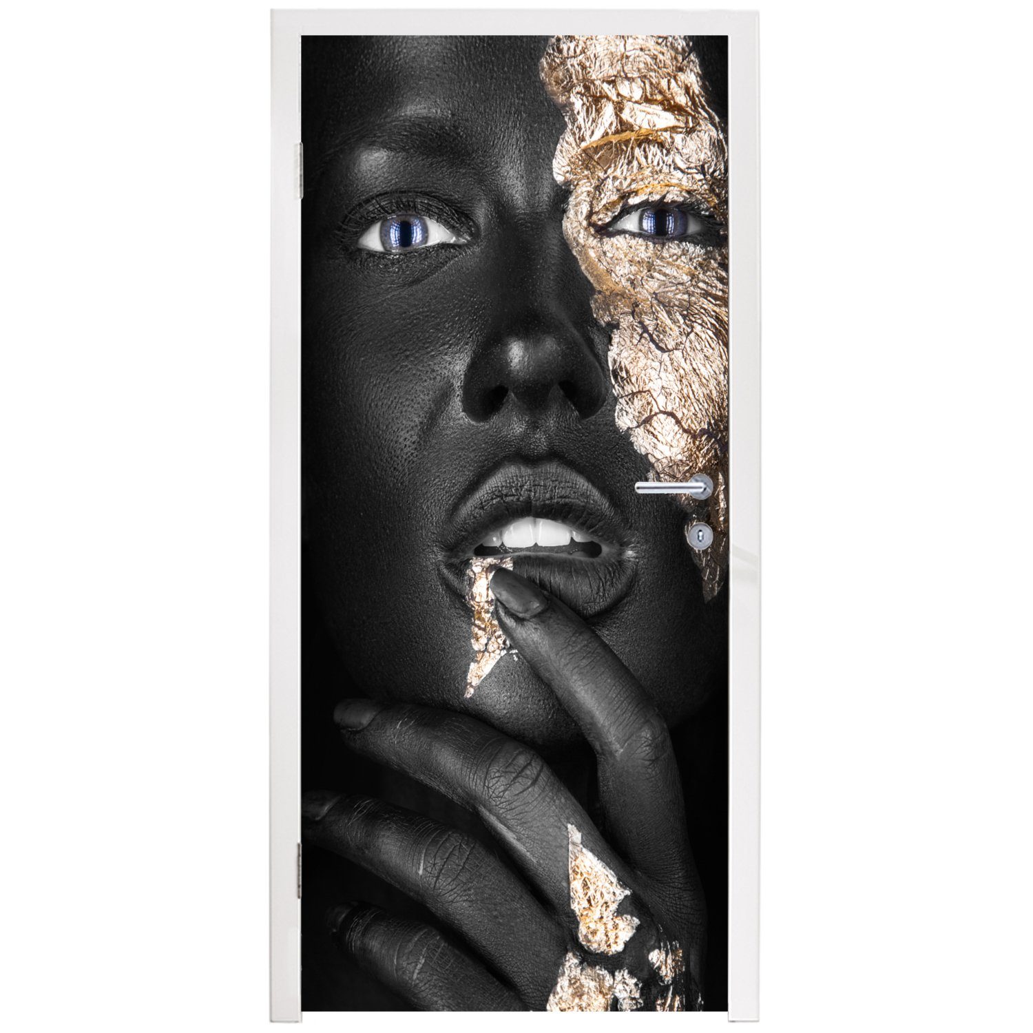 Blattgold Frau - - Haut - bedruckt, MuchoWow Türtapete 75x205 für Luxus, Schwarz - cm Fototapete Matt, (1 Tür, St), Türaufkleber,