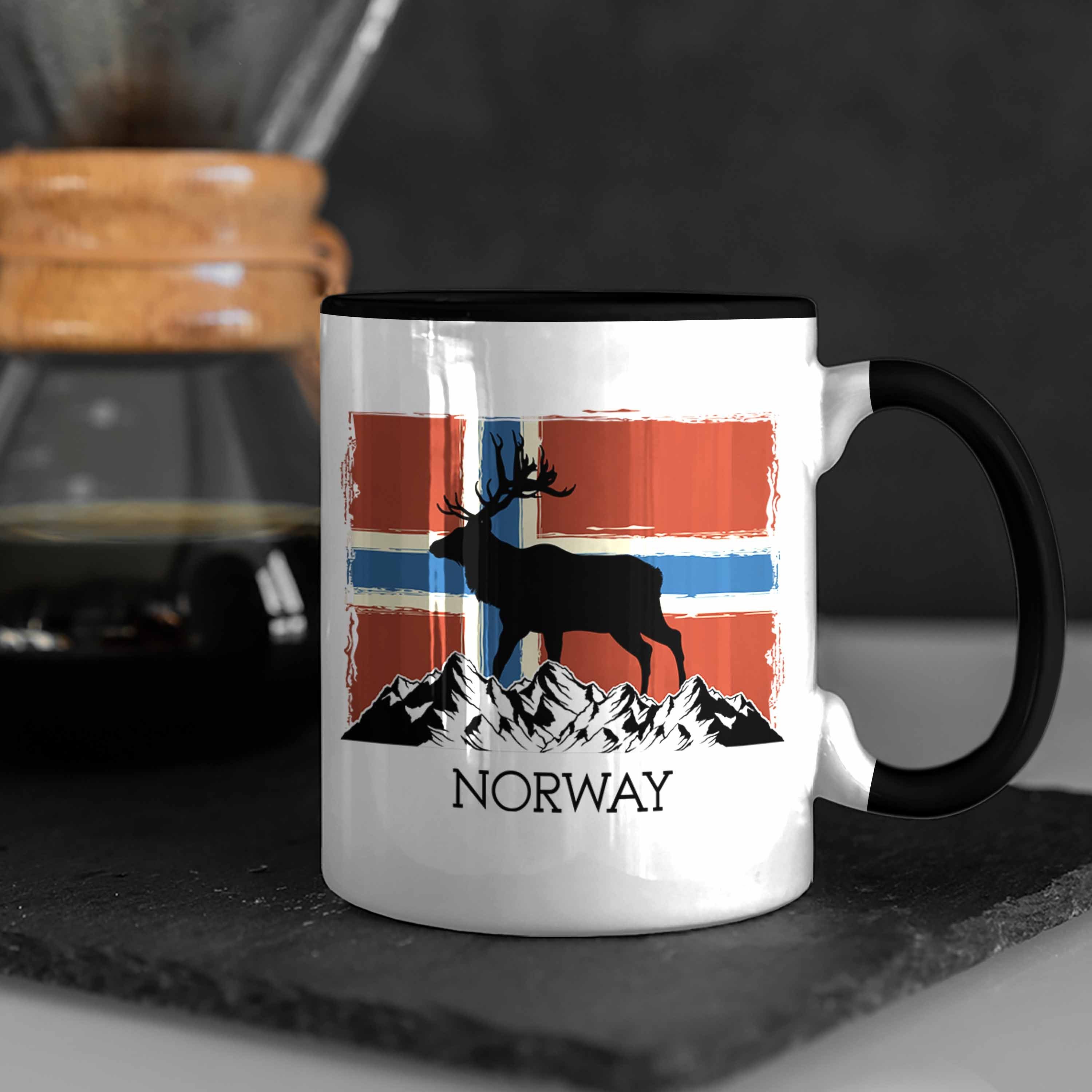 - Tasse Schwarz Flagge Tasse Geschenke Trendation Norwegen Norway Nordkap Elch Trendation