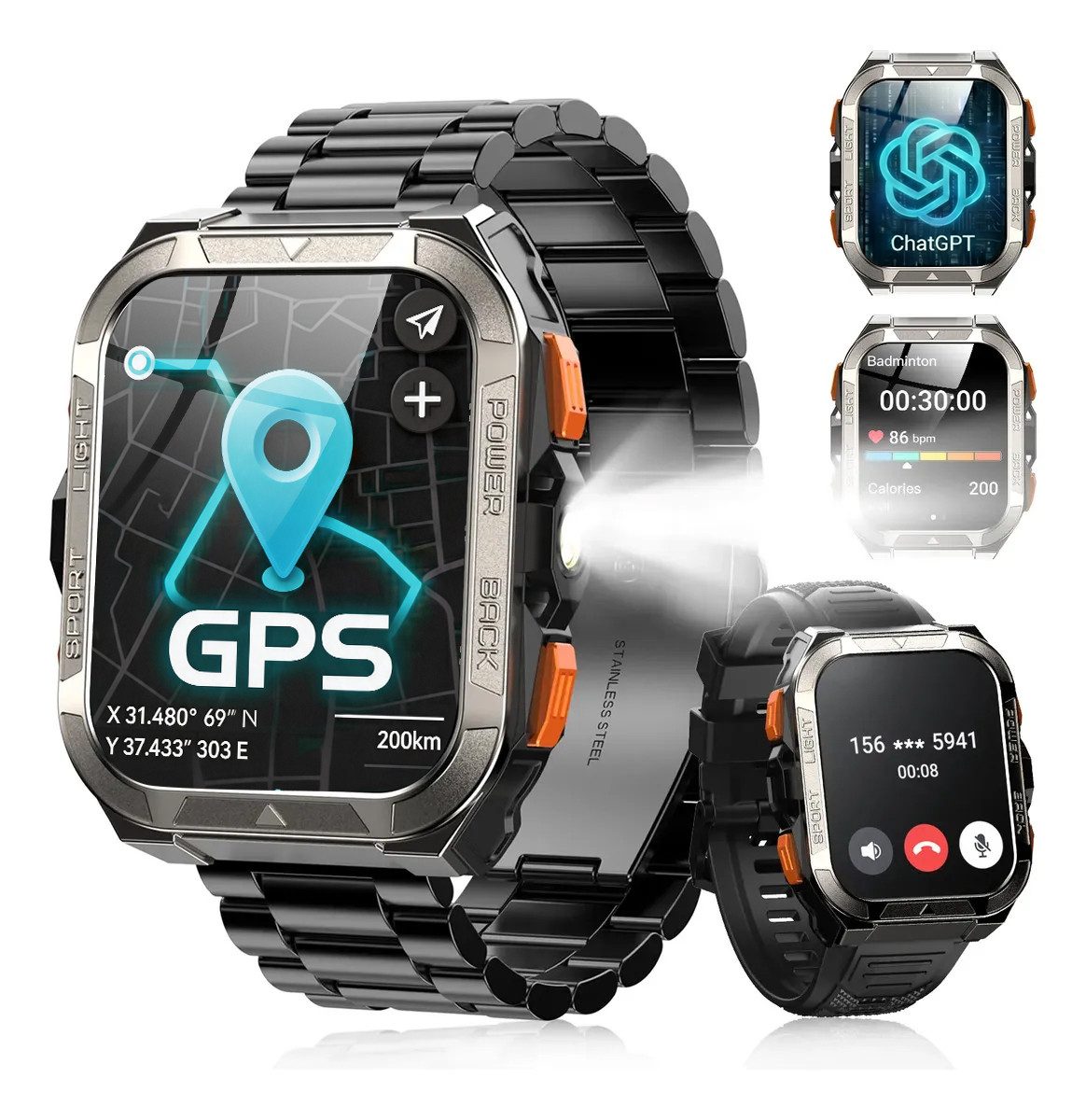 blackview GPS Herren-Smartwatch 2026 mit Taschenlampe & Kompass, Bluetooth-Anrufe Smartwatch (1.91 Zoll, IOS/Android), 1-tlg., 2× Riemen (hochwertiges Metallarmband + Silikonarmband) & 1× Ladekabel, Herzfrequenz-/SpO2-/Blutdruck, ChatGPT, Übersetzerfunktion, IP68