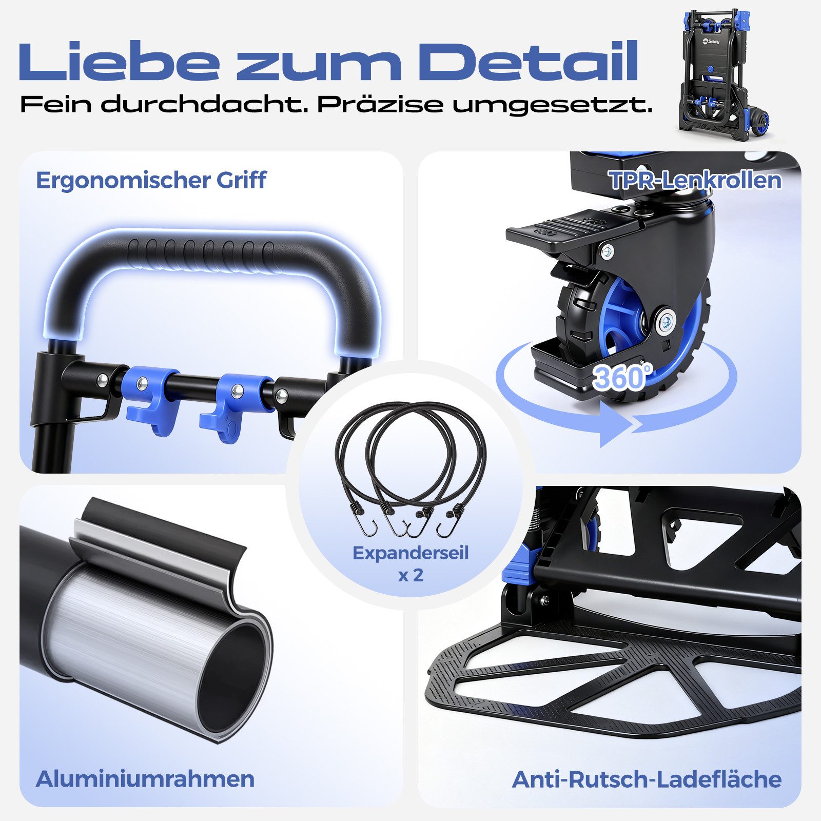 Sekey Aluminum 2-in-1 Folding Hand Truck, Transport Trolley with a Load Capacity of up to 150 kg, Aluminum Platform Trolley with Brake, Ergonomic Handle and 2 Expander Ropes