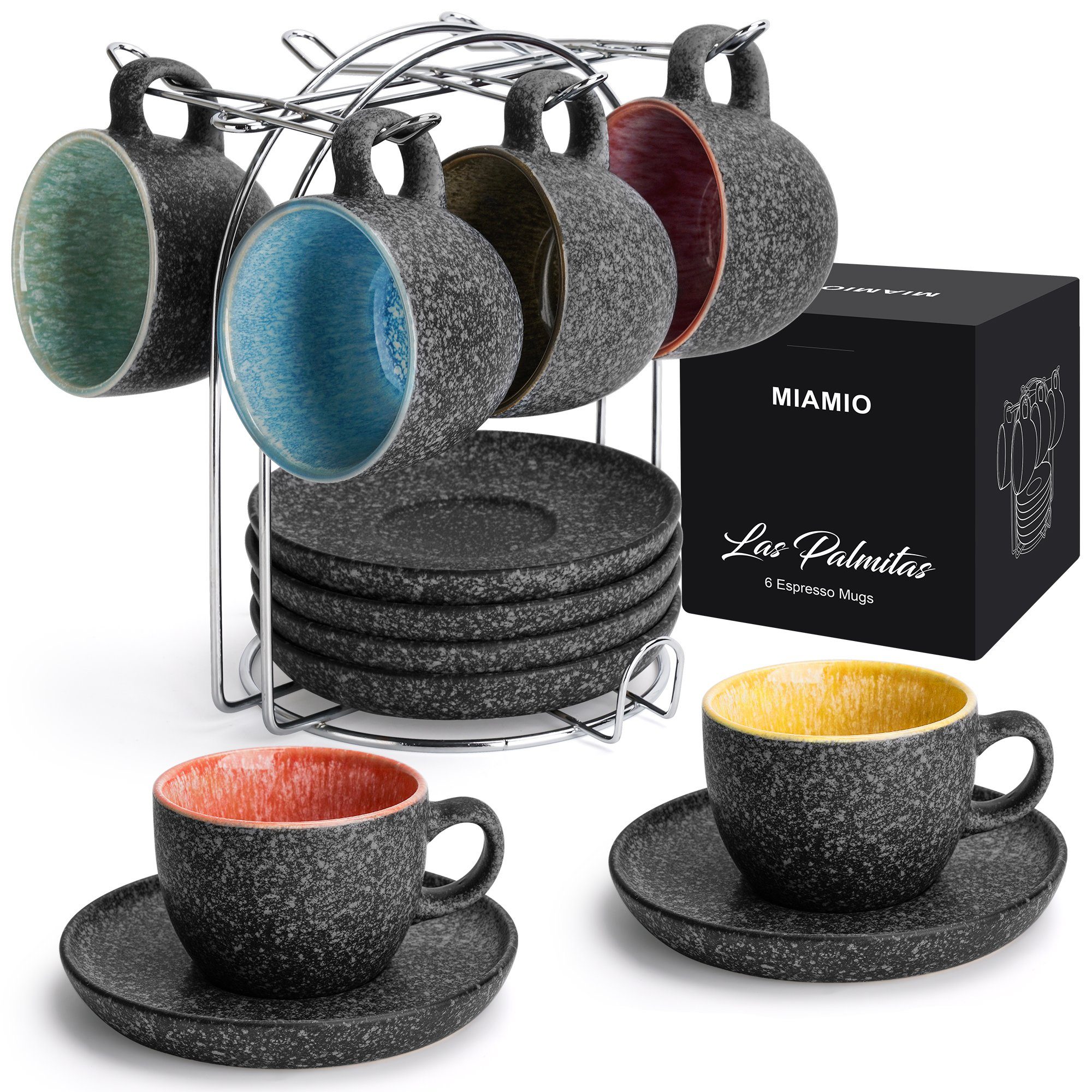 MiaMio Espressotasse Espressotassen Set 6 teilig mit Untertassen & Ständer (6 x 80 ml), Keramik