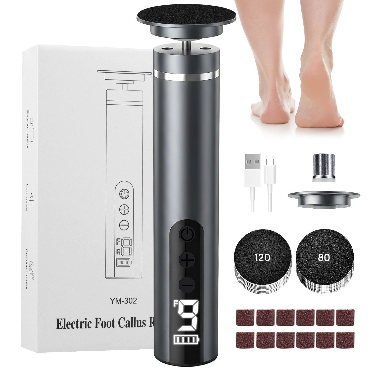 CkeyiN Pro Elektrischer Hornhautentferner 2 in 1,Hornhautentferner Elektrisch/Nagelfeile,Pediküre-Set, 9 Geschwindigkeit,mit Schleifpapier,Wiederaufladbarer, für Tote, Harte, Rissige Haut