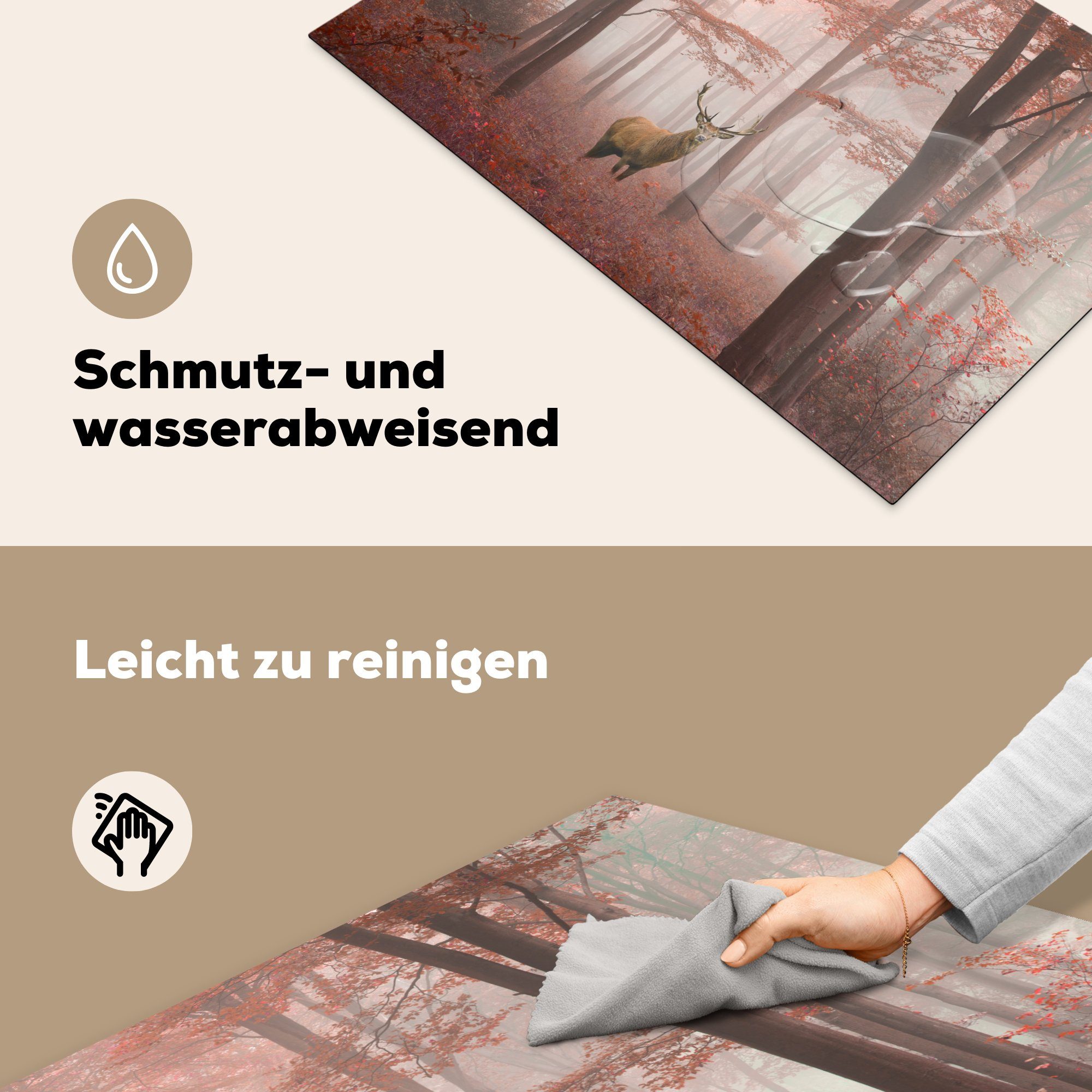 MuchoWow Herdblende-/Abdeckplatte Hirsche Schutz - Vinyl, - Wald Herbst, cm, (1 die Rot Ceranfeldabdeckung 81x52 - Induktionskochfeld küche, tlg), für