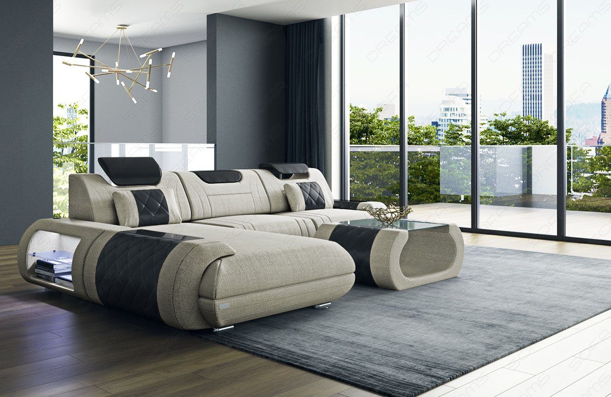 Sofa Ecksofa Dreams wahlweise Bettfunktion elfenbein-schwarz H Form mit Sofa Couch Stoff Polster Stoffsofa, Rimini Strukturstoff L