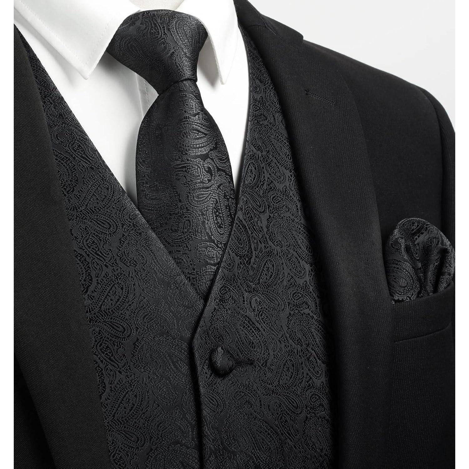 LuxusKollektion Krawatte Weste Krawatte Einstecktuch Paisley Jacquard XXL Schwarz Blumen-1