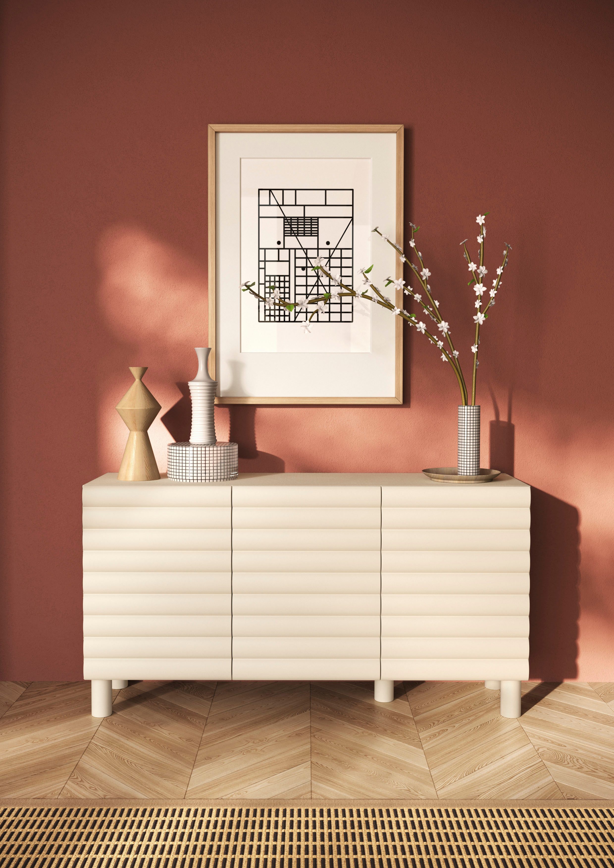 OTTO home Sideboard Adria, 152 cm breit, 3 Türen, Anrichte, Kommode, Stauraumschrank, Korpus Talco Spatolato, MDF-Fronten in 3D-Design, viel Stauraum