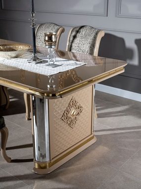 Casa Padrino Esstisch Luxus Art Deco Esstisch Beige / Gold - Edler Massivholz Küchentisch - Art Deco Esszimmer Möbel