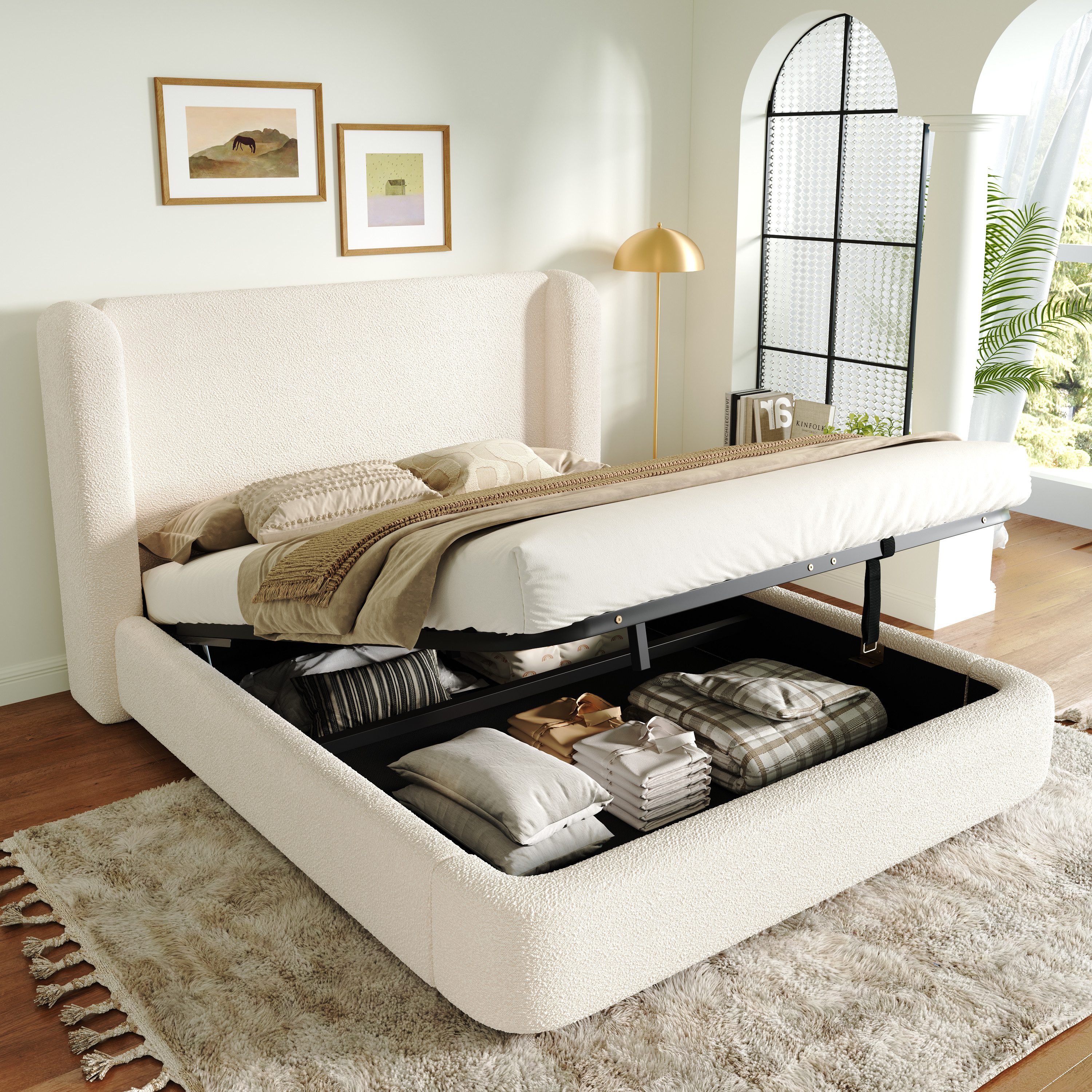 REDOM Polsterbett 180x200 cm mit Stauraum, Bouclé Beige (Packung, 2-tlg., Mit Lattenrost & Kopfteil, großem Stauraum, Beige Bouclé, hydraulisch), Gepolstertes Kopfteil, ideales Doppelbett, mit Matratze