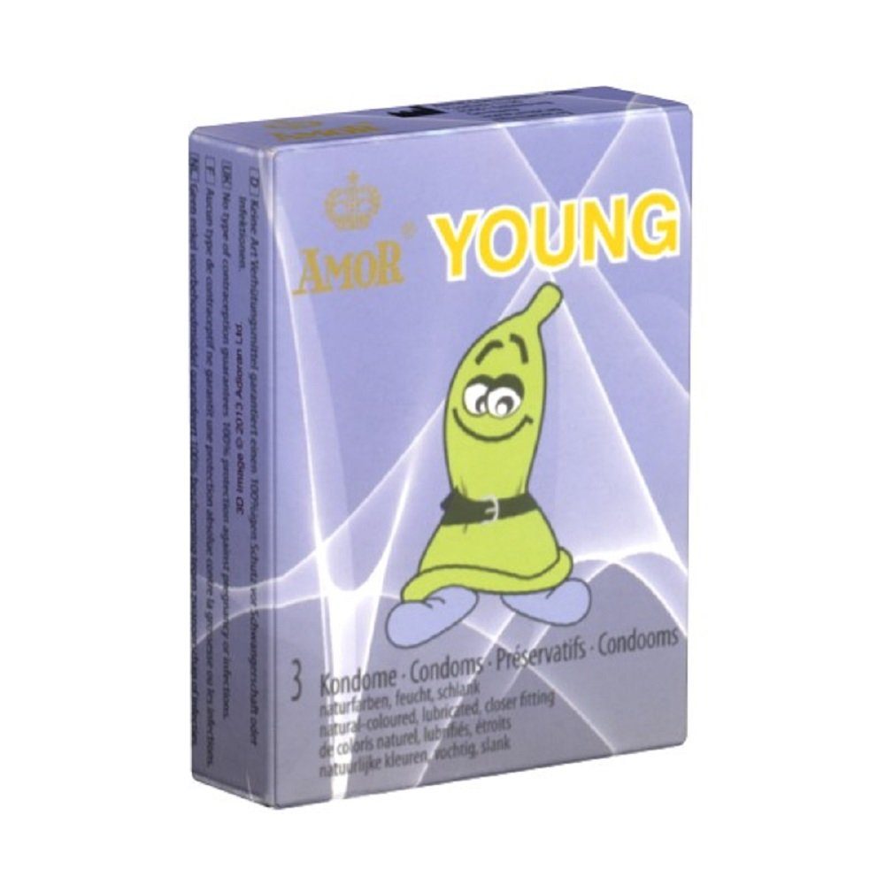 Amor Kondome Young (mit nominaler Breite 49mm) schmale Kondome, Größe XS, Packung mit, 3 St., Jugendkondome, für den schlanken Penis, besonders eng und kurz