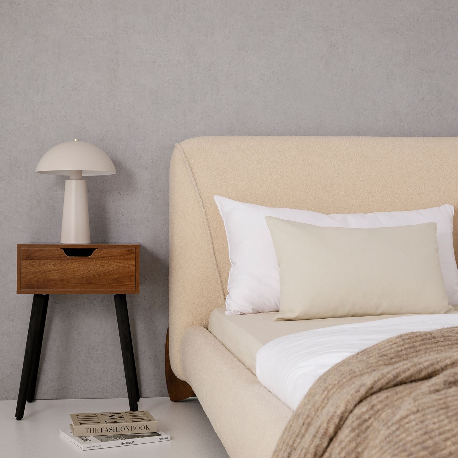 IDIMEX Polsterbett PATERNA, Doppelbett 180x200 cm mit Lattenrost und Polsterung Bouclé Stoff beige