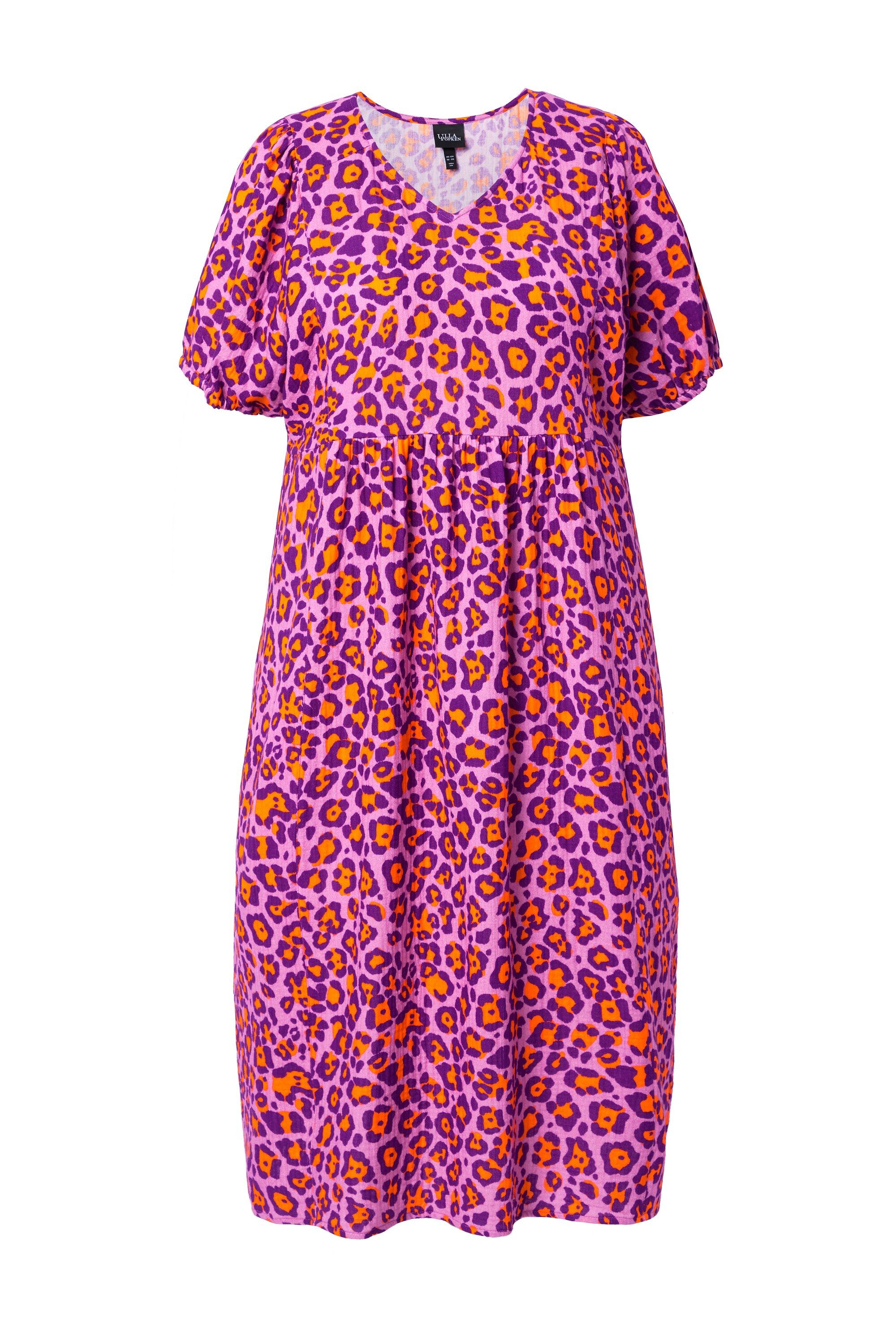 Midikleid Musselin-Kleid Leomuster A-Linie V-Ausschnitt