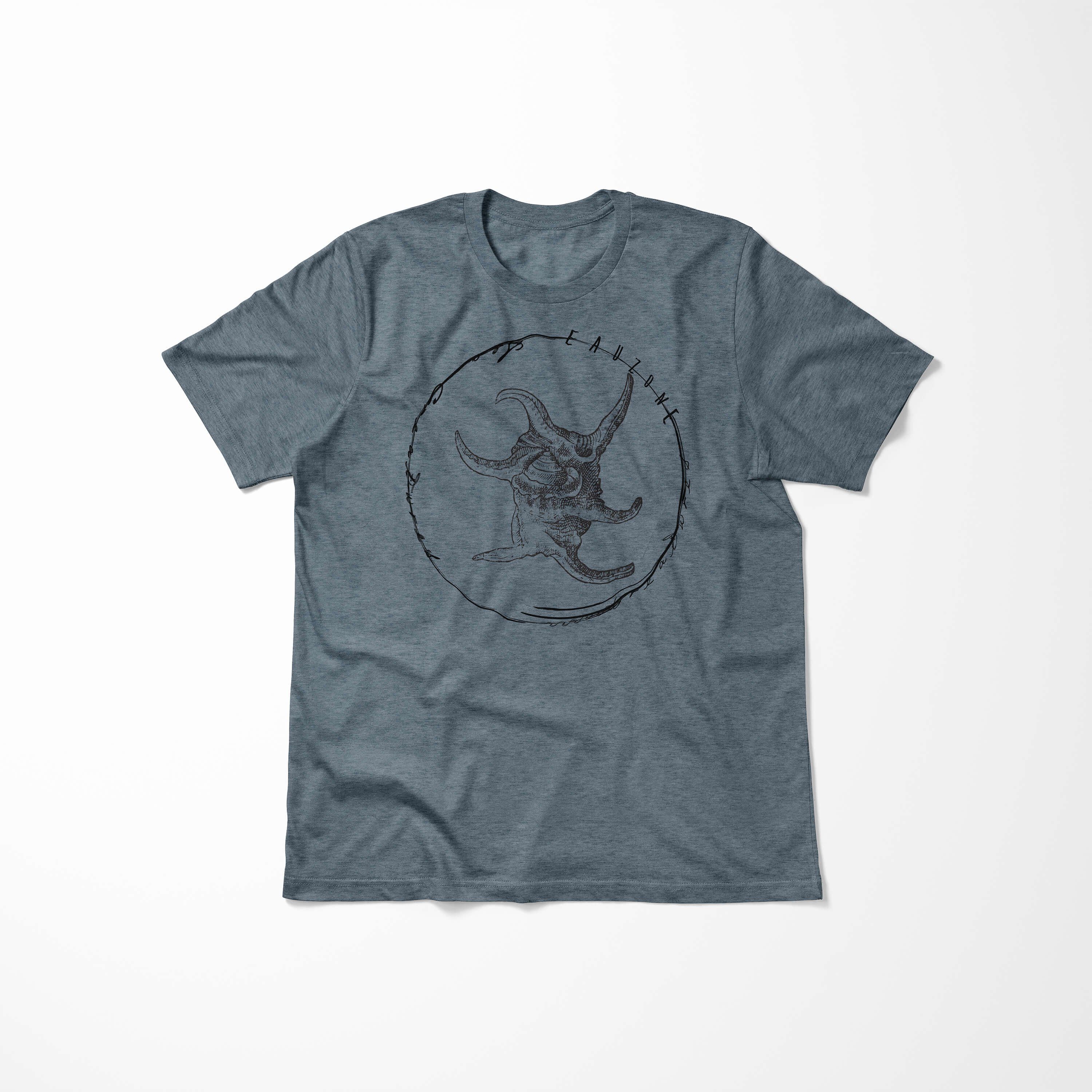 043 Indigo Struktur und Serie: sportlicher T-Shirt Sinus T-Shirt Tiefsee / Creatures, Art Sea feine - Sea Fische Schnitt