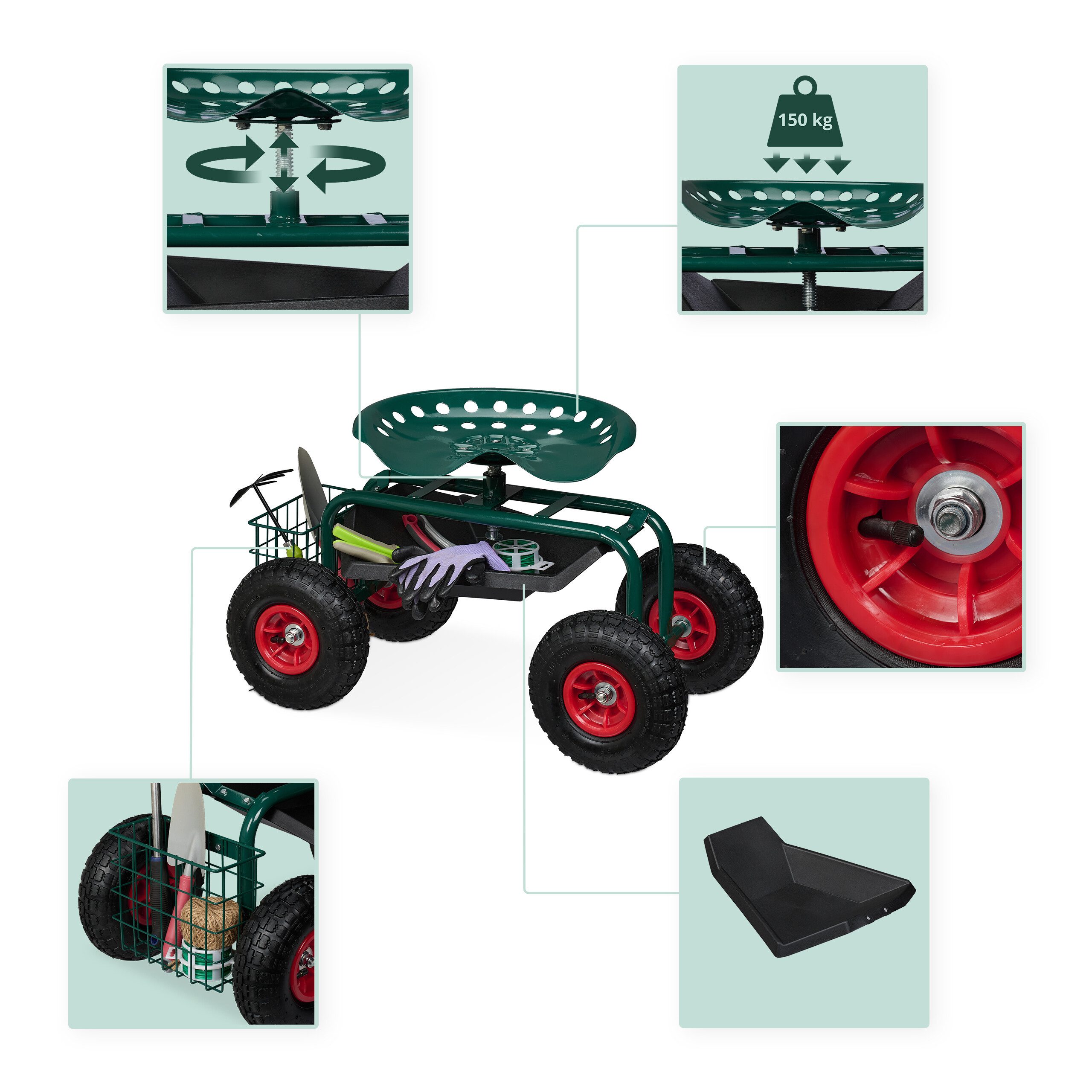 relaxdays Rollsitz Fahrbarer Gartensitz mit Stauraum, grün