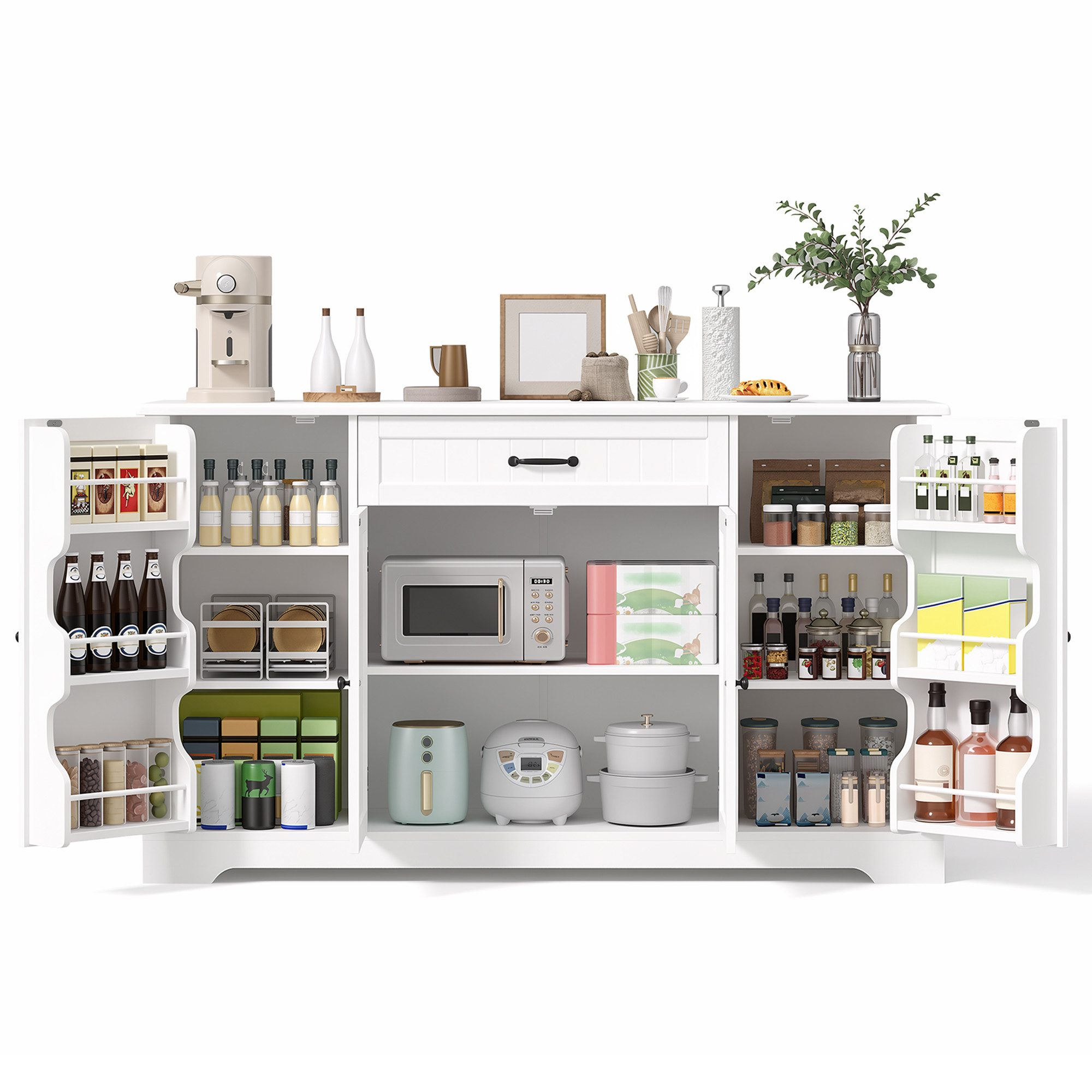 Bealife Sideboard Küchenschrank mit Arbeitsplatten,mit 1 Schubladen 4 Türen,Weiß