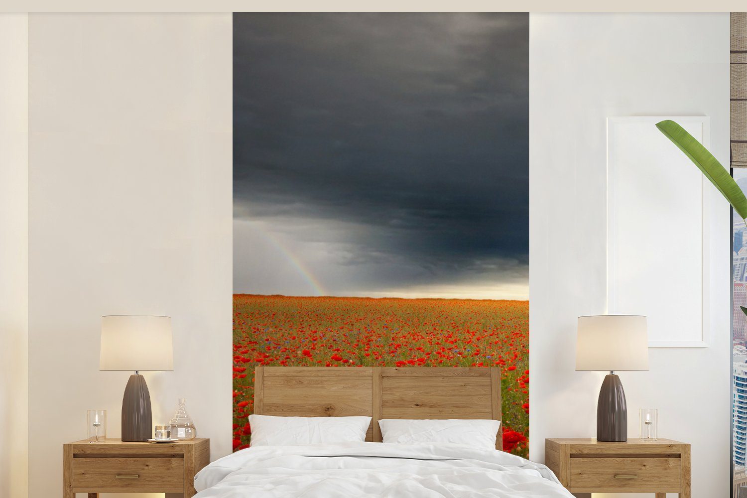 MuchoWow Fototapete Blumen - Rot - Grau, Matt, bedruckt, (2 St), Vliestapete für Wohnzimmer Schlafzimmer Küche, Fototapete | Fototapeten