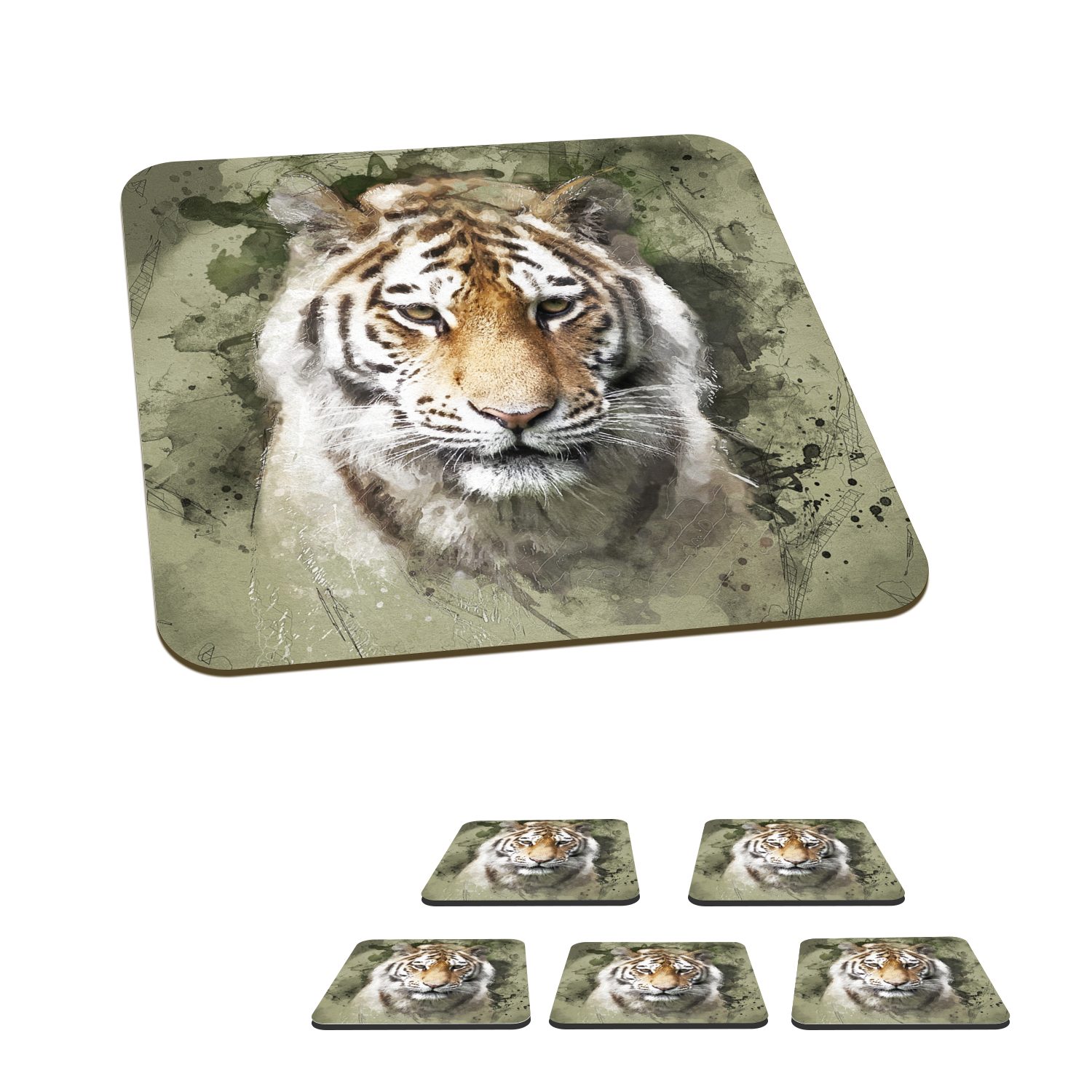 MuchoWow Glasuntersetzer Tiger - Aquarell - Grün, Zubehör für Gläser, 6-tlg., Glasuntersetzer, Tischuntersetzer, Korkuntersetzer, Untersetzer, Tasse | Getränkeuntersetzer