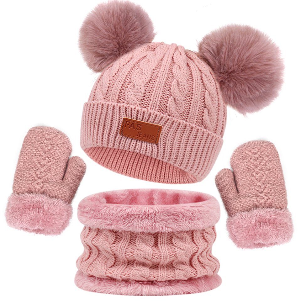 Coonoor Filzhut Kinder Design Unisex Schal Kinder (3-St) Set alte Mütze Handschuhe Geeignet fur Dunkelrosa 1-4 Jahre Niedliches