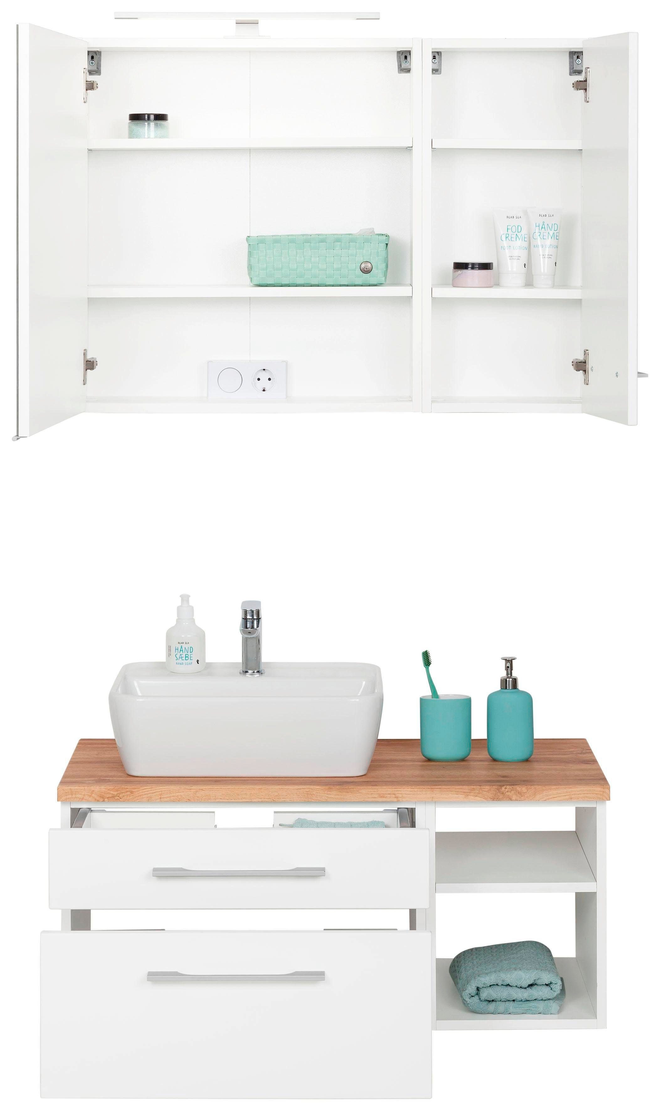 welltime Badmöbel-Set Davos, (3-St), Spiegelschrank mit extra Regal
