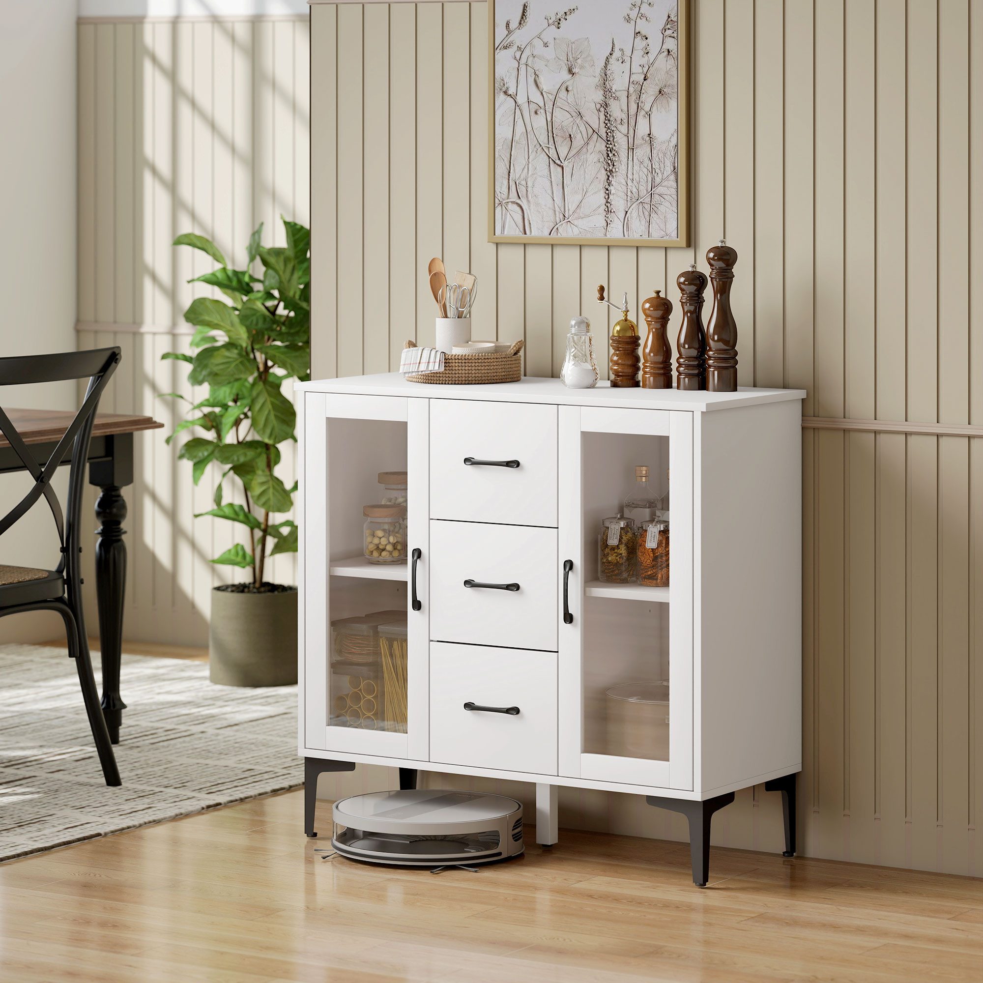 HOMCOM Sideboard mit 3 Schubladen, 2 Glastüren, verstellbaren Regalen (Modern Schubladenschrank, 1 St., Kommode), mit Soft-Close-Scharnieren, für Wohnzimmer Esszimmer Flur, Weiß