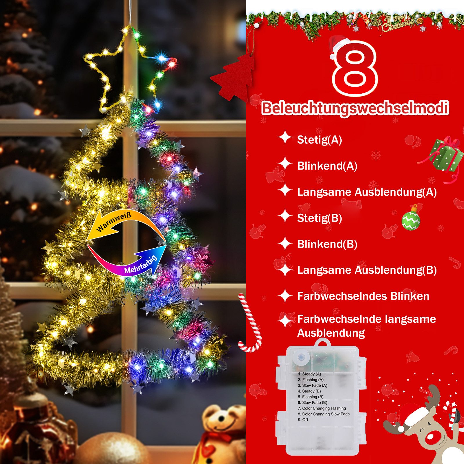 Quntis LED-Lichterkette LED Dekolicht Weihnachtsbaum Weihnachtsdeko 75 x 43CM mit 143/110 LEDs, Weihnachtsbeleuchtung Fenster für Innen/Außen, Timer Speicherfun – Bild 3 von 5