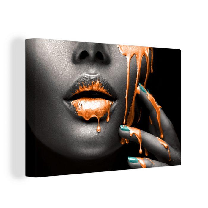 OneMillionCanvasses® Leinwandbild Lippen - Orange - Schwarz (1 St) Wandbild Leinwandbilder Aufhängefertig Wanddeko