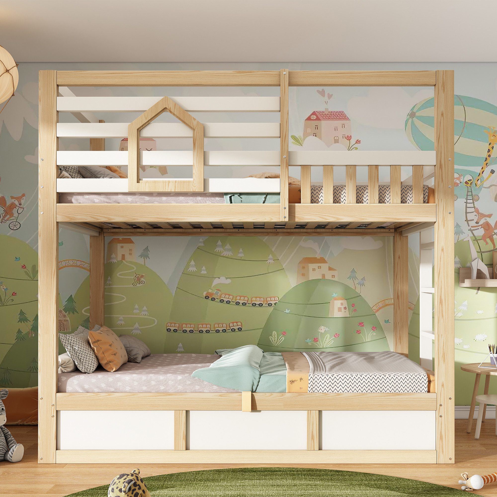 Flieks Etagenbett, Haus-Design Kinderbett 90x200cm mit Hydraulik-Unterbett und Leiter