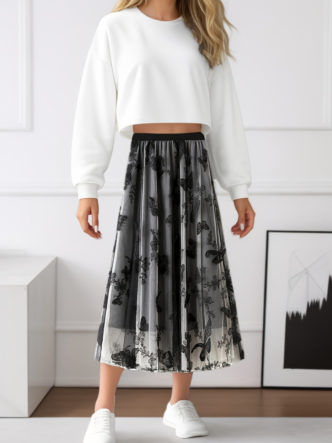 DEBAIJIA Meshrock Damen Tüll Blumendruck Elastischer mit hoher Taille Rock