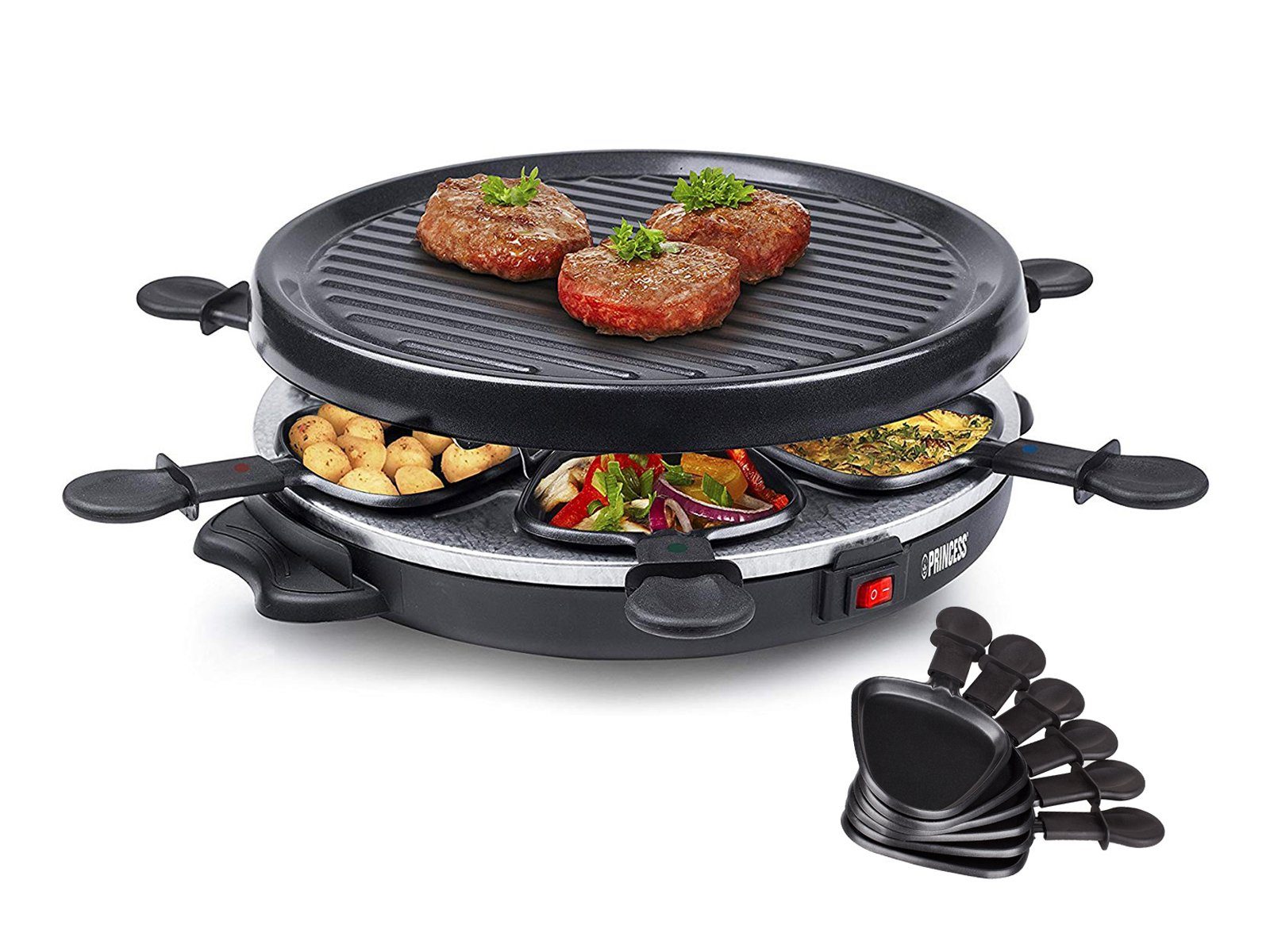 PRINCESS Raclette, 6 Raclettepfännchen, 800 W, Gerät für 2-6 Personen runder Tischgrill Ø30cm Raclet Camping geeignet