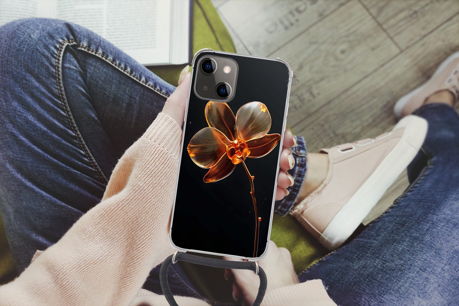 MuchoWow Handyhülle für Apple iPhone 13 Mini Orchidee - Transparent - Blume, Tragbare Handyhüllen mit Kette zum umhängen, Handykette Handyband