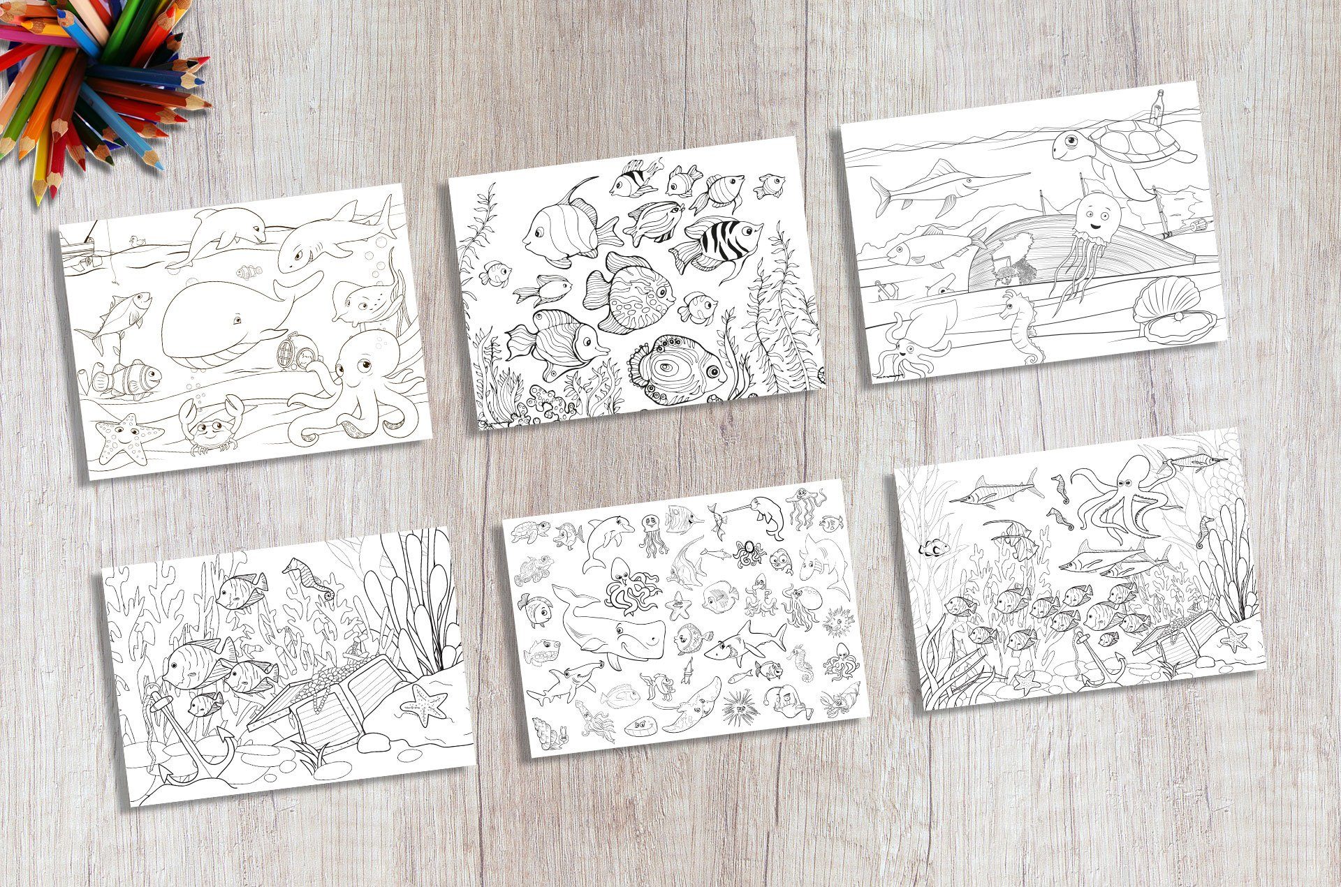 Tischsetmacher Platzset (Platzsets) Tischsets I Platzsets - Malvorlagen für Kinder 'Meeresbewohner-Set zum Ausmalen' - 6 Motive à 2 Stück aus hochwertigem Papier 44 x 32 cm