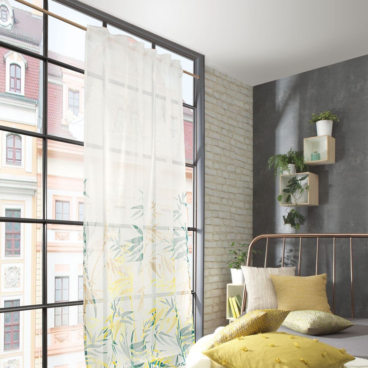 SCHÖNER LEBEN. Meterware Gardinenstoff Gardinenstores Blätterzweige raumhoch weiß grün gelb 3, halbtransparent, Polyester, made in Germany, mit Bleiband, pflegeleicht, überbreit