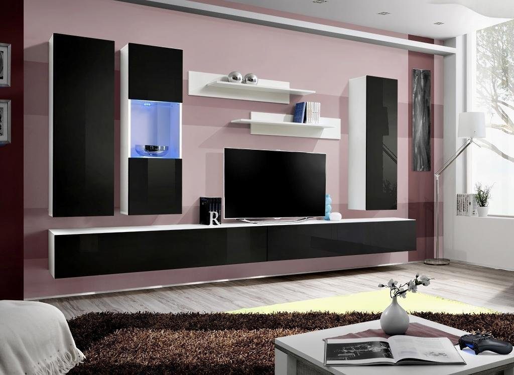 Set Vitrine+2x Luxus Made Wandregale), Holzmöbel, Wandschrank+2x Komplett Wohnzimmer-Set Wohnzimmer Wohnwand Ständer+Hänge JVmoebel TV (8-St., Wohnwand+2x in Europa